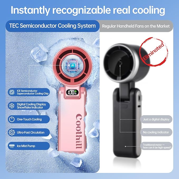 Handheld Portable Fan with Ice Cooler: 100-Speed 5500mAh Rechargeable Handheld Fan, 12H Time Hand Cooling Personal Fans with 20000 RPM Air Turbo Tech for Travel Outdoor (Pink)