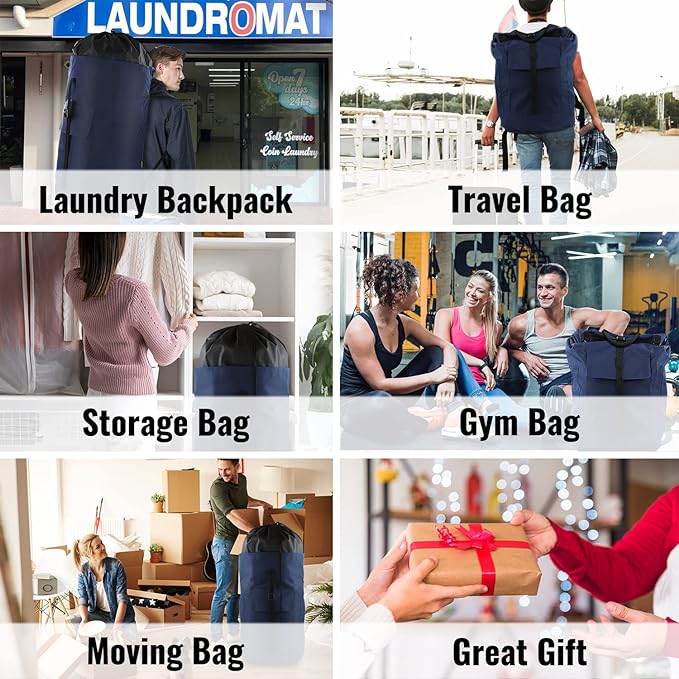 Laundry Bag Backpack, 125L Extra Large Travel Laundry Bags with Shoulder Straps, Adjustable & Extendable Design, Laundry Hamper Bag with 3 Pockets for Laundromat, College, Travel, Camping