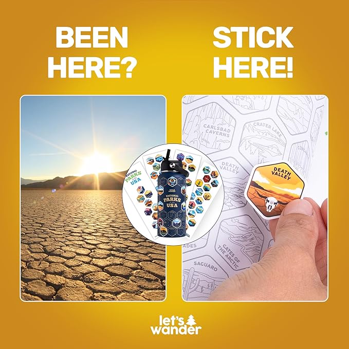 LET'S WANDER Original National Parks Water Bottle with 63 Waterproof Stickers - 32oz Leakproof Insulated Stainless Steel with Straw - USA Hiker Gift Bottle (Blue)