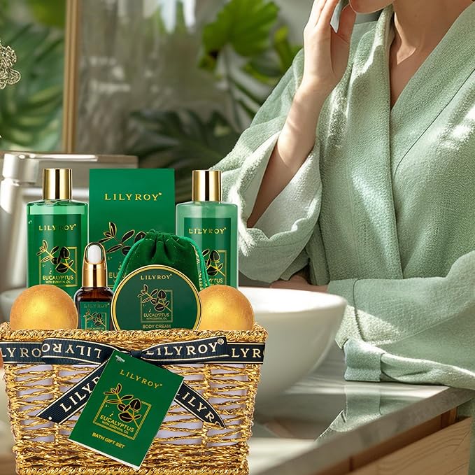 Bath and Body Gift Basket for Christmas - 10-Piece Eucalyptus Luxury Spa Set for Women & Men, Relaxation Ideal for Mothers Day, Father’s Day, Birthday with Shower Gel & More for Her & Him