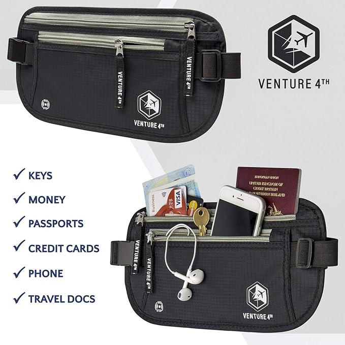 VENTURE 4TH Travel Money Belt - Slim Passport Holder RFID Blocking Travel Pouch to Protect Cash, Credit Cards and Travel Documents (Black)
