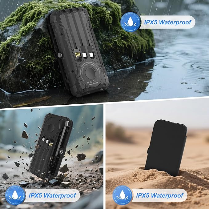 Portable Charger 20000mAh Solar Power Bank Built-in 3 Cables and Wireless Charging Battery Pack Compatible for iPhone, Samsung, IPX5 Waterproof, Bright Flashlight Perfect for Camping, Hiking, Outdoor