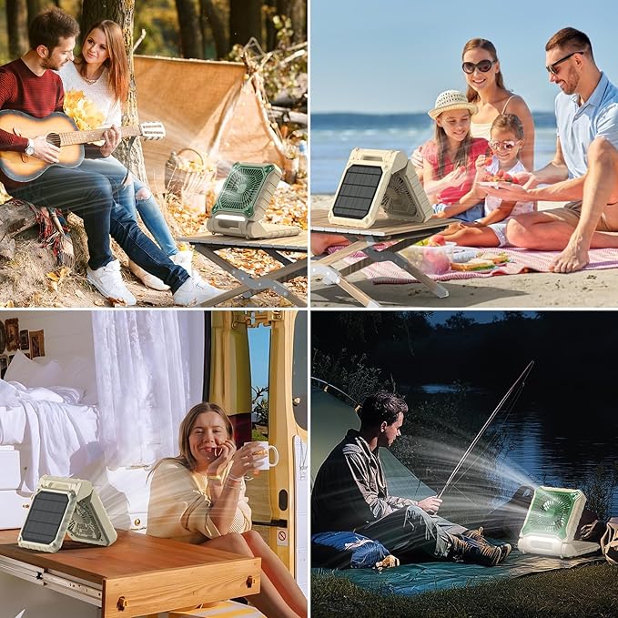 PANERGY Solar Fan with Lantern for Camping, Rechargeable Battery Powered Fan(38H cooling/48H lighting), 3-Speed, 6H Timer, 90°Folding Cordless & Portable for Outdoor Travel RV Power Outage