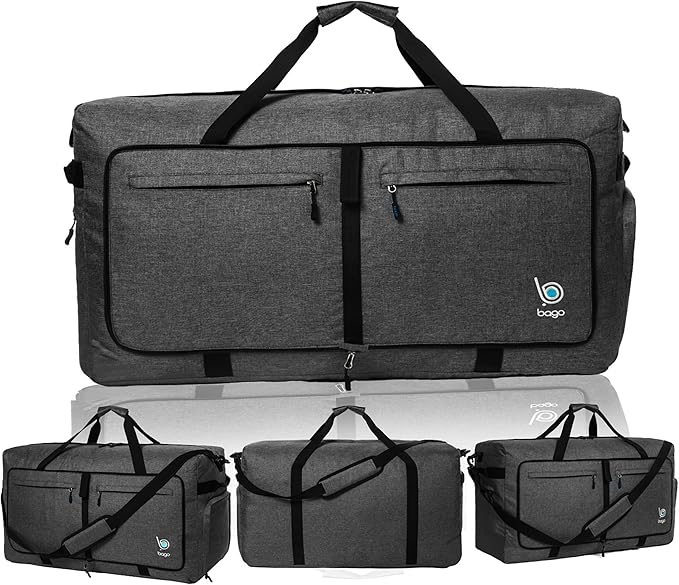 Bago Large Foldable Duffel Bags for Traveling Women & Men - 100L Packable Duffle Bag for Travel with Shoe Compartment - Water Repellant, Heavy Duty, Lightweight Folding & Collapsible (SnowBlack)