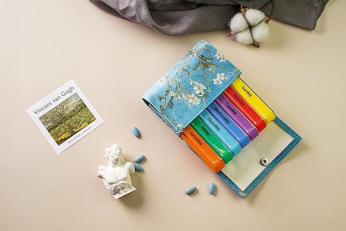 Pill Organizer Pill Box,LIZIMANDU Weekly Travel Pill Case Box Medication Reminder Daily AM PM,Day Night 7 Compartments,for 4 Times A Day,7 Days a Week-Includes Leather Carrying Case(Peach Blossom Set)