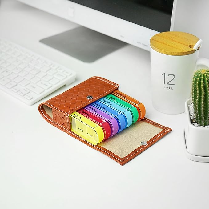 Pill Organizer,LIZIMANDU Weekly Travel Pill Case Box Medication Reminder Daily AM PM, Day Night 7 Compartments,for 4 Times A Day, 7 Days a Week-Includes Leather PU Carrying Case (1-Weave Brown)