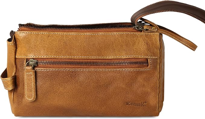 KomalC Premium Buffalo Leather Toiletry Bag for Men & Women – Leather Dopp Kit With Water resistant Lining, Premium Toiletry Travel Pouch, Unisex Wash Bag for Toiletries, Gifts for Men and Women
