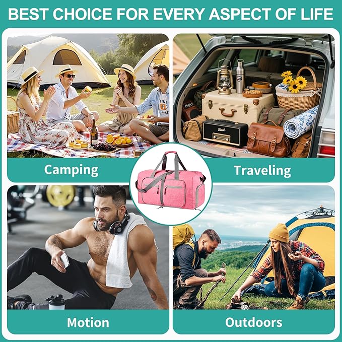 Dimayar 85L Travel Duffle Bag for Men Women - Foldable Duffel Bag with Shoes Compartment - Overnight Bags Waterproof & Tear Resistant(Pink)