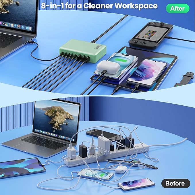 USB C Charger 300W USB C Charger Block, 8-Ports GaN IV Fast Charging Station Hub,PD 100W Laptop Charger Adapter,for MacBook Pro/Air/iPad/iPhone16/15/14/Apple Watch/DELL/Samsung for Home Office