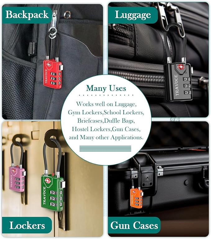 Search Alert TSA Approved Travel Combination Luggage Cable Locks for Suitcase, Gym Locker,Toolbox,Backpack 1,2,4,6 &10 pk (White 2 Pack)