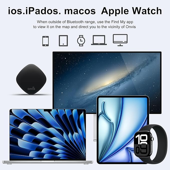 Onvis Item Finders Tracker Work with Apple Find My APP (iOS Only, Not for Android), Smart Bluetooth Locator for Keys, Luggage Suitcases, Bags Wallets, Backpack, IP67 Waterproof (4 Pack)