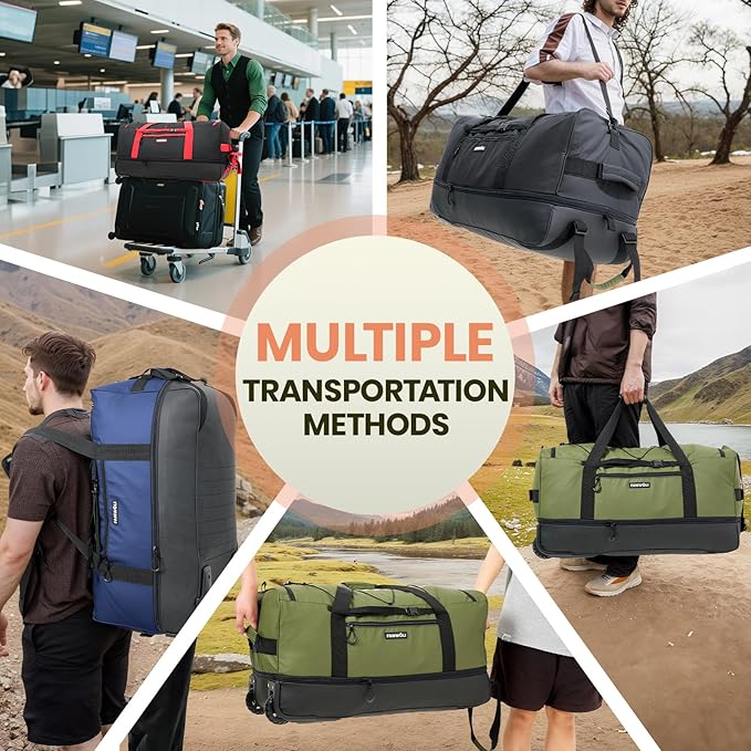 Fanwoli 30'' Large Rolling Duffle Bag with 2 Wheels - No-Sag Design for Heavy Loads, Expandable 100L-120L Duffel Wheeled Luggage with Soft Handle & Lock, Waterproof Foldable for Travel, Camping,Moving