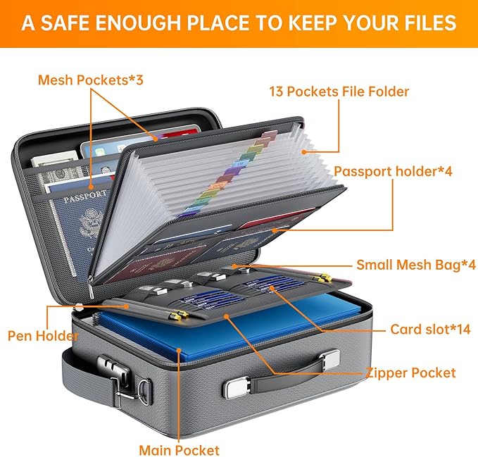 DocSafe Fireproof Document Box with Lock&Shoulder Strap,Hard Case File Organizer with Accordion File Folder,Multi-Layer Portable Home Office Travel Safe Storage for Important Documents Laptop Gray