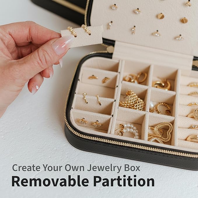 Small Travel Jewelry Box Organizer for women & Girls, Portable Small Travel Jewelry Case Organizer for Traveling, PU Leather Mini Box for Earrings, Necklaces, Rings, Bracelets - Black