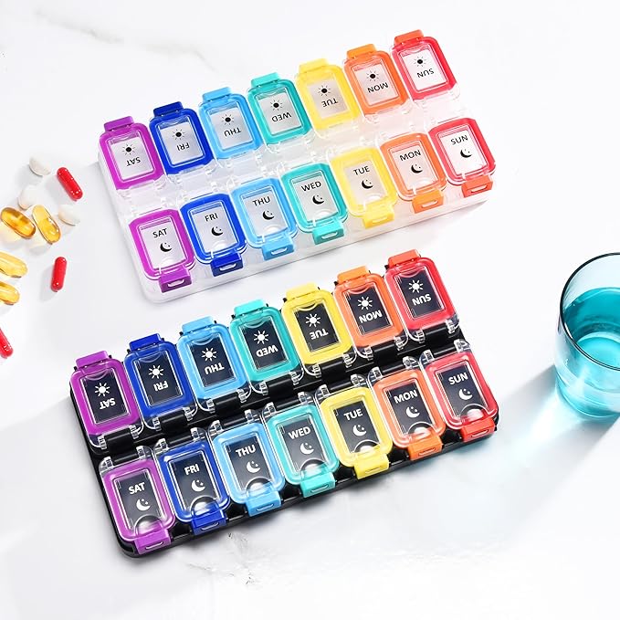 Fullicon Moisture Proof Pill Organizer 2 Times a Day, Large 7 Day Box, Spill Proof Case, Travel Container, Medicine Organizer With Secure Lids (Rainbow Black)