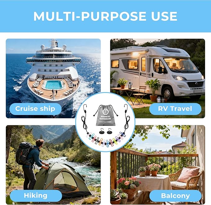 Magnetic Clothesline for Cruise Ship Cabin Approved – Non-Scratch Rubber-Coated Magnets with 12 Clips & Waterproof Storage Bag, Portable Travel Clothes Line, Cruise Essentials 2025