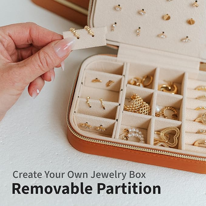 Small Travel Jewelry Box Organizer for women & Girls, Portable Small Travel Jewelry Case Organizer for Traveling, PU Leather Mini Box for Earrings, Necklaces, Rings, Bracelets - Neutral Tan