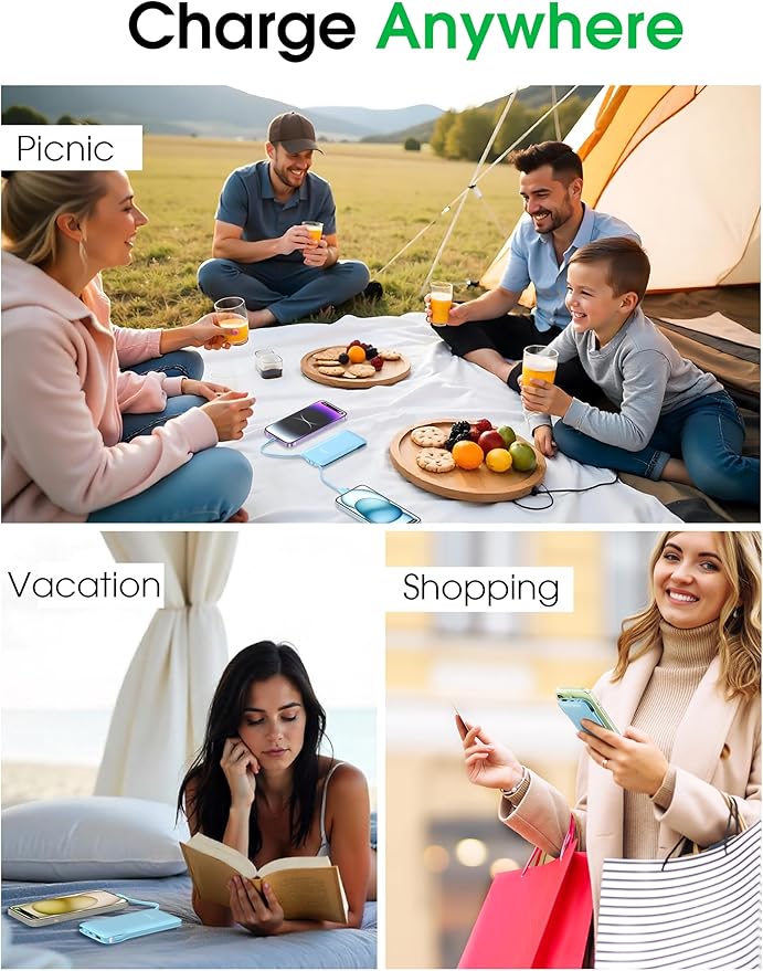 TG90° 10000mAh Power Bank with Built-in AC Wall Plug and Cables, Ultra Slim Phone External Battery Pack Portable Charger Compatible with iPhone and Android Devices