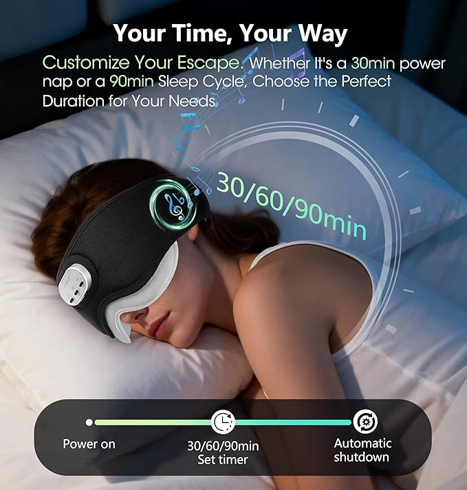 LC-dolida Voice Control Bluetooth Sleep Mask, Bamboo Cotton Bluetooth Sleep Headphones with 3D Zero-Pressure Cups and Timer Setting, Total Blackout Sleep Eye Mask for Side Sleepers, Black