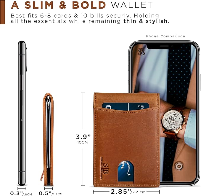 SERMAN BRANDS RFID Blocking Slim Bifold Genuine Leather Minimalist Front Pocket Wallets for Men with Money Clip Thin Mens