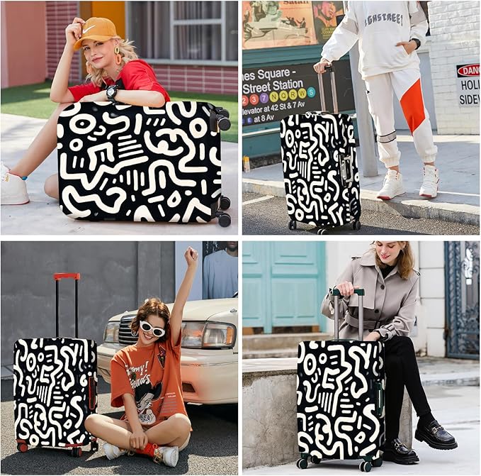 ANNA QUEEN Abstract Black and White Luggage Cover, Artistic Line Design, Stretchable & Washable Travel Sleeve for 20-34 Inch Luggage