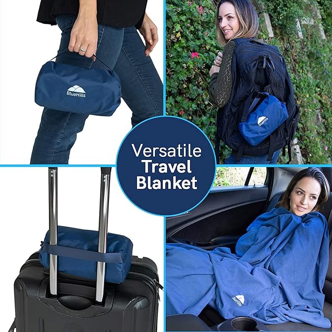 BlueHills Ultra Compact Travel Blanket 2 Pack Large Soft Cozy Portable Blanket Sheet with Carry Case and for Flight Airplane Car Layover Camping Hotel Blue C203-2PK-Navy