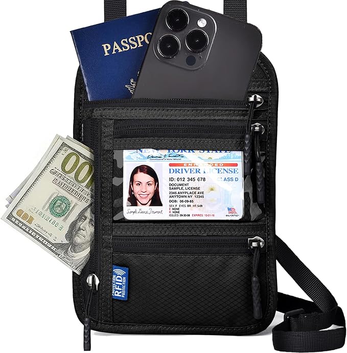 RFID Blocking Travel Neck Wallet–Hidden Passport Holder & Anti-Theft Money Pouch for Men & Women, Lightweight Concealed Travel Organizer with Adjustable Strap Secure Document