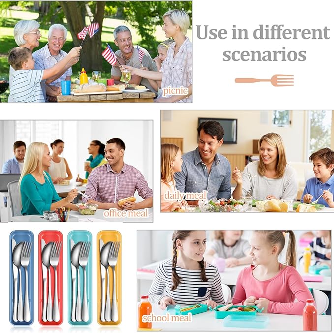 Yinkin 4 Pack Portable Travel Utensils Set with Case Reusable Stainless Steel Silverware Flatware Camping Cutlery Include Fork Spoon Knife for Work School Dishwasher Safe(Mixed Color)