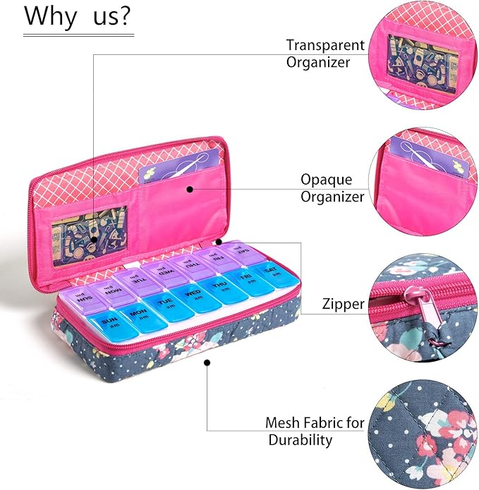 Weekly Pill Organizer 2 Times a Day, Zumd Pill Box 7 Day with Cute Quilted Fabric Zipper Case, Travel Pill Case Am Pm for Vitamin Medicine Organizer