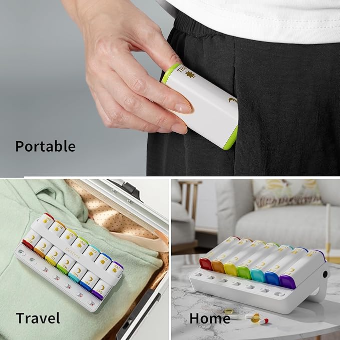 Restree Weekly Pill Organizer Two Time a Day, 7 Day Travel Pill Box, Daily Medicine Organizer, AM&PM Portable Pill Case for Vitamins Fish Oil/Supplements Medication Reminder Design (White)