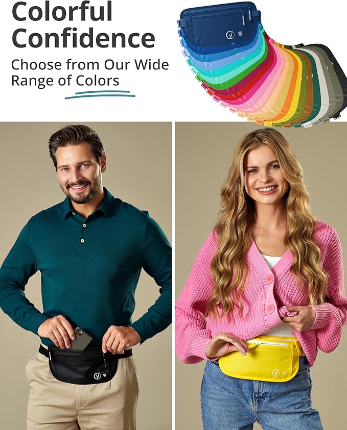 Vantamo Money Belt with RFID For Men & Women, Hidden Passport Holder for Travel, 2 Compartment Travel Fanny Pack for Women Anti Theft