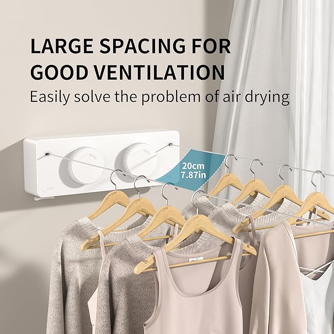 Retractable Clothesline Heavy Duty Clothes Drying Laundry Line Wall Mounted Easy Hanging Clothes Drying Laundry Line Retracting Hanging Lock to Prevent Sagging (Two line,White)