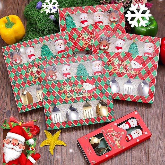 Christmas Utensil Set | Reusable Portable Cutlery Set | Stainless Steel Knife Fork Spoons Gift Box | Includes Themed Utensils (Tree/Santa/Deer/Snowman) | Ideal Christmas Gift