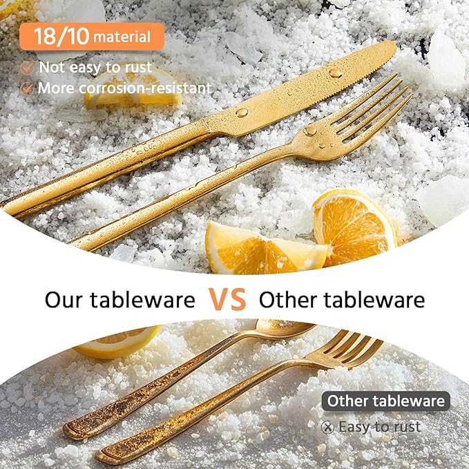 KINGSTONE Gold Silverware Set, 60 Piece Flatware Cutlery Set for 12, 18/10 Stainless Steel Silverware Mirror Polished Dishwasher Safe for Home, Restaurant, Wedding, Party(Gold, 60 pieces for 12)