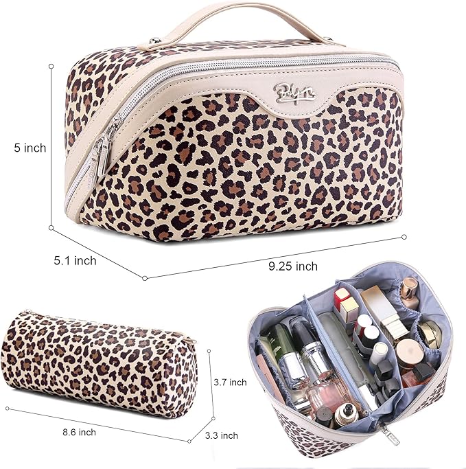 BOYATU Travel Makeup Bag for Women: 3 Pcs Set Portable Make up Bags with Handle - Leopard Print Cosmetic Bags with Comparments - Waterproof Vegan Leather Toiletry Bag (A-1-Beige)