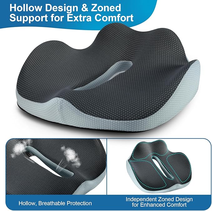 PilloVive Memory Foam Seat Cushion for Office Chairs & Car Seat - Ergonomic Office Desk Seat Cushion- Doctor Recommended for Tailbone & Sciatica Pain Relief & Back Support(Grey/White)