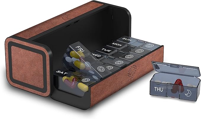 Pill Organizer 2 Times a Day, Am Pm Twice Daily Pill Case, Detachable Large Travel Pill Box 7 Day, Weekly Pill Container for Vitamin Medicine Supplement Fish Oil (Brown)