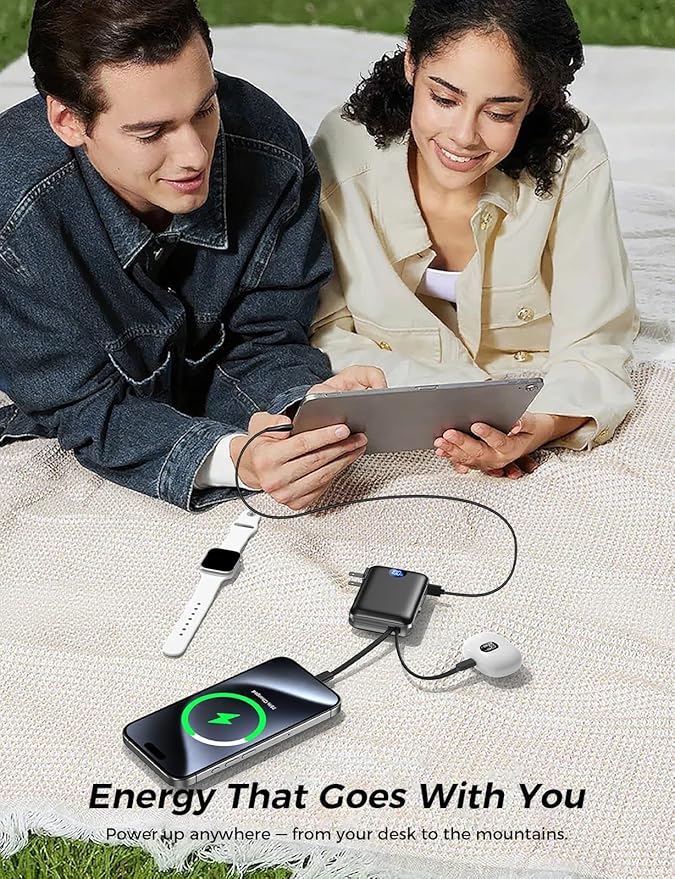 Portable Charger with Built in Cables & Wall Plug,10000mAh Power Bank, 4 Outputs,22.5W USB C Fast Charging,Slim Travel Essential Battery Pack with LED Display for iPhone 17/16/15/14 Series,Black