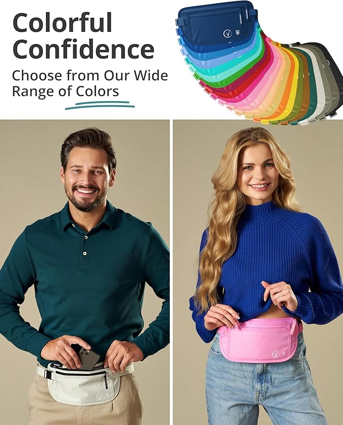 Vantamo Money Belt with RFID For Men & Women, Hidden Passport Holder for Travel, 2 Compartment Travel Fanny Pack for Women Anti Theft