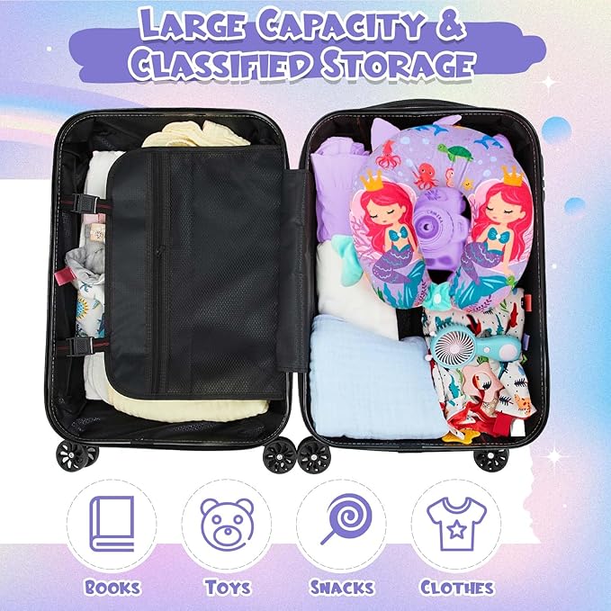 Sanwuta 4 Pcs Kids Luggage Set Backpack Travel Rolling Suitcase U-shape Pillow Christmas Children Gift for Girls Boys(20 Inch,Mermaid Style,Purple)
