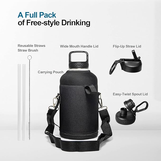 64 oz Water Bottle Insulated with Straw&3 Lids, Coolflask Half Gallon Water Jug Galaxy Large Metal Stainless Steel Vacuum Flask for Gym, Sports, Keep Cold 48H Hot 24H, Glacier Blue