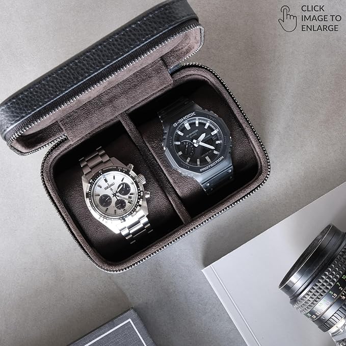 TAWBURY Watch Case - 2 Slot Watch Box for Men & Women with Genuine Top-Grain Leather Exterior, Metal Zipper and Extra Wide Pillows for Large Watches (Black)