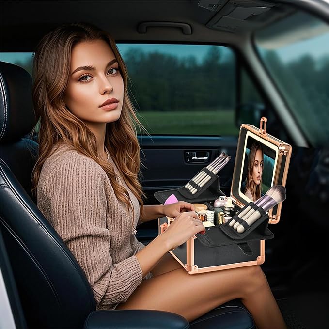 Makeup Case with Lighted Mirror, Makeup Box Organizer with Detachable LED Mirror, Travel Makeup Train Case, Waterproof Cosmetic Organizer, Standing Makeup Brush Holder, Gift, Black Gold