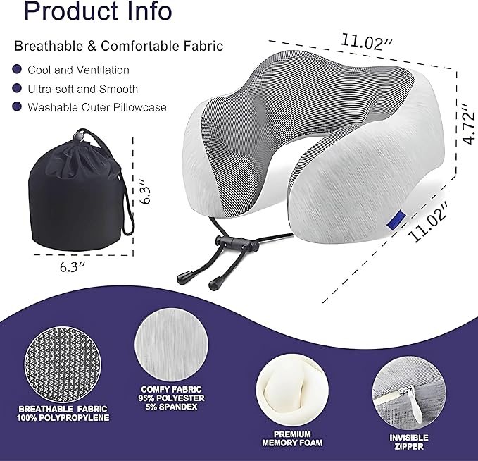 Travel Neck Pillow for Airplane – 100% Pure Memory Foam Neck Support Pillow with Breathable & Washable Cover, Fleight Kit with 3D Contoured Eye Mask, Earplugs & Carry Bag for Comfortable Sleep