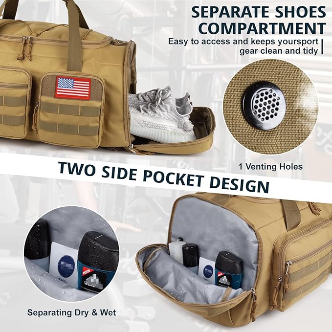 Tactical Gym Bag for Men with Toiletry Bag,50L Large 3 in 1 Sports Duffle Bag with Shoes Compartment for Travel,Water Resistant Travel Backpack Weekender Overnight Bag with Wet Pocket for Women