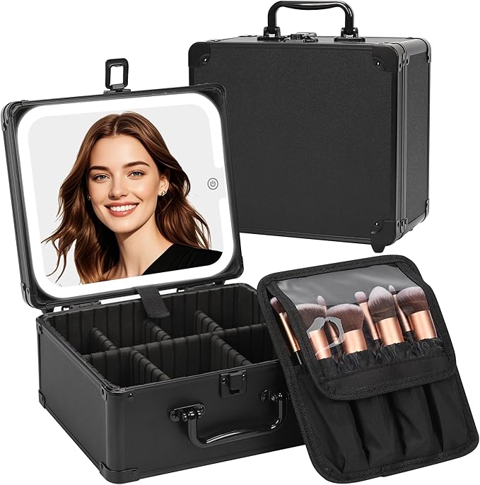 Makeup Case with Lighted Mirror, Travel Makeup Box with LED Mirror Makeup Organizer Bag Portable Cosmetic Train Case Makeup Artist Storage Bags with Adjustable Dividers Gifts for Women and Girls