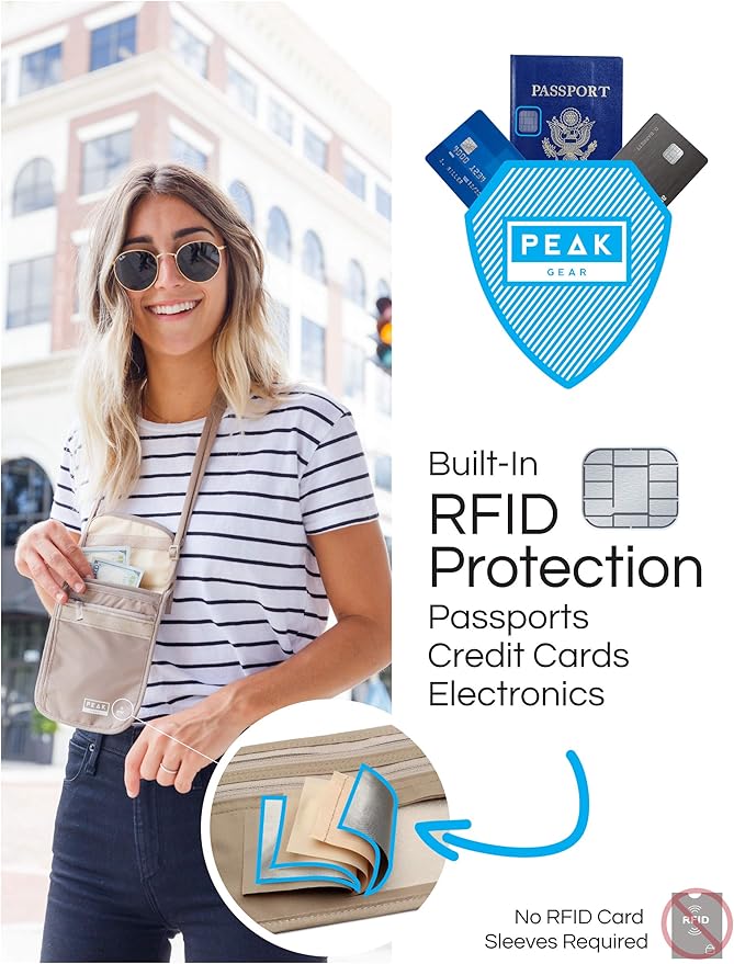 Peak Gear RFID Neck Wallet - The Original Travel Pouch with Adjustable Crossbody Strap + Theft Protection and Lost & Found Service | Black