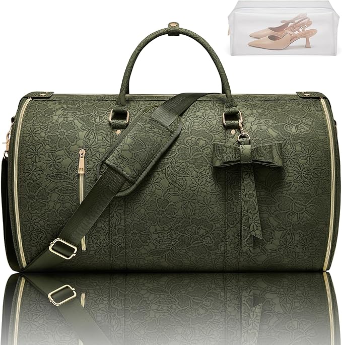 Garment Duffle Bag for Travel, 2-in-1 Foldable Carry On Garment Bag with Shoe Compartment & Toiletry Pocket, Convertible Weekender Bags for Women Business Travel, Vacation, Party, Deep Green