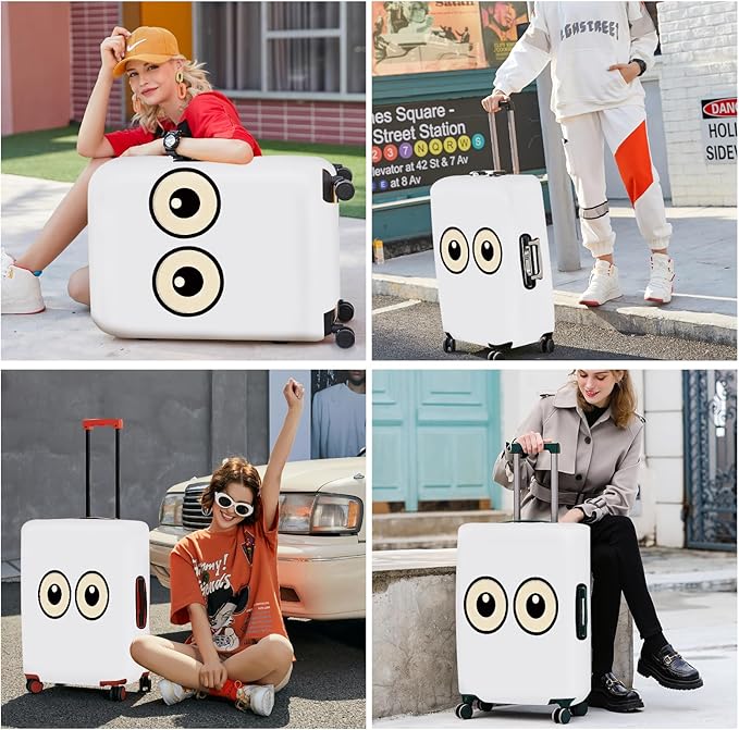ANNA QUEEN Funny Cartoon Eyes Luggage Cover, White Suitcase Protector with Cute Big Eyes Design, Travel Suitcase Cover for 28-30 Inch Luggage, Stretchable & Washable Spandex Travel Accessories