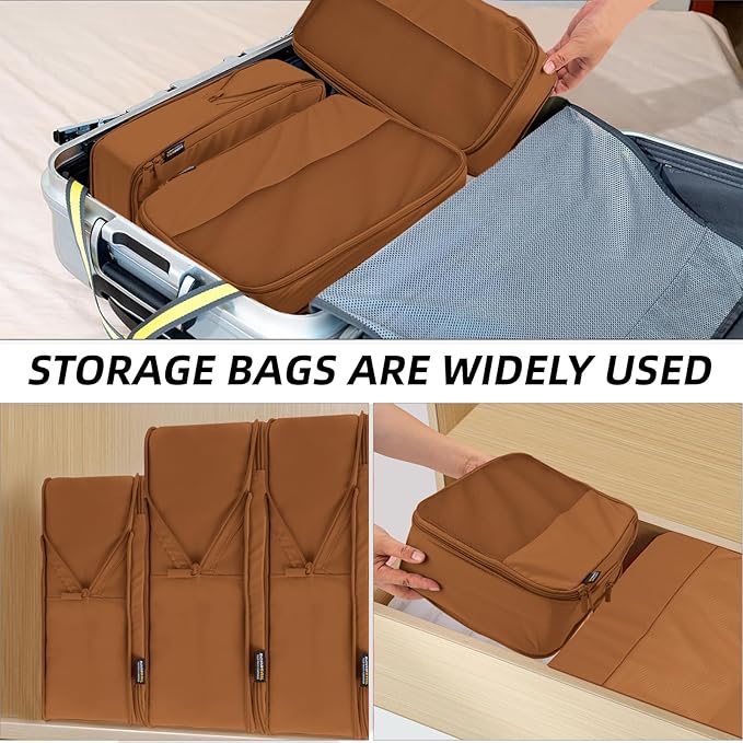 4 Piece Compression Packing Cubes for Suitcases and Backpack, Lightweight Travel Organizer Bags (Light Brown)